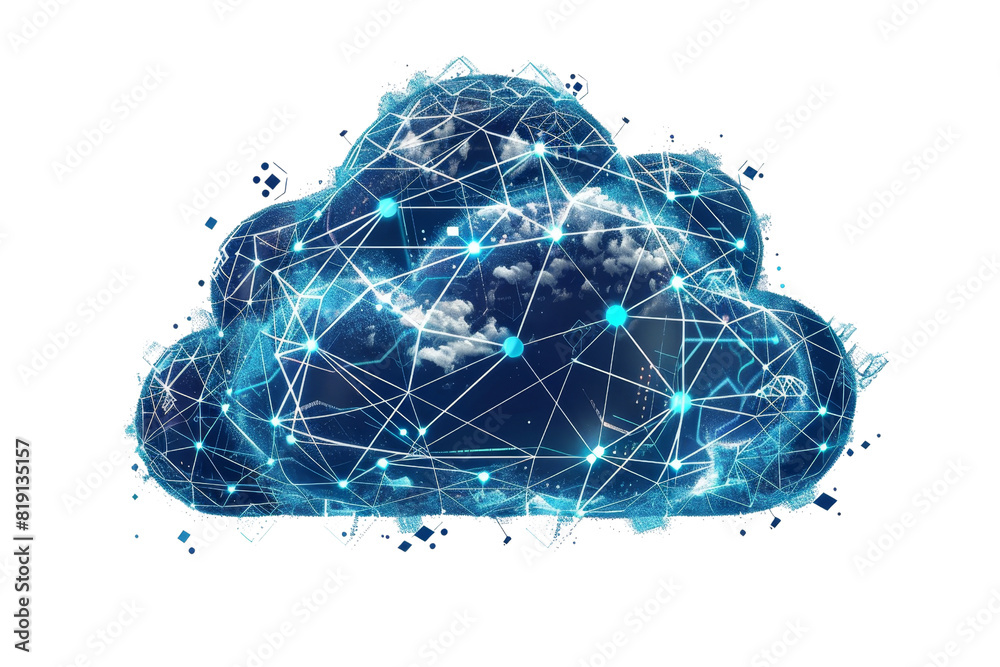 A digital representation of a cloud with interconnected nodes, symbolizing cloud computing and data networks in technology.