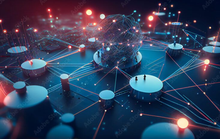 A graphical representation of a connected IoT network, with various nodes, devices, and connections.  Generative AI.