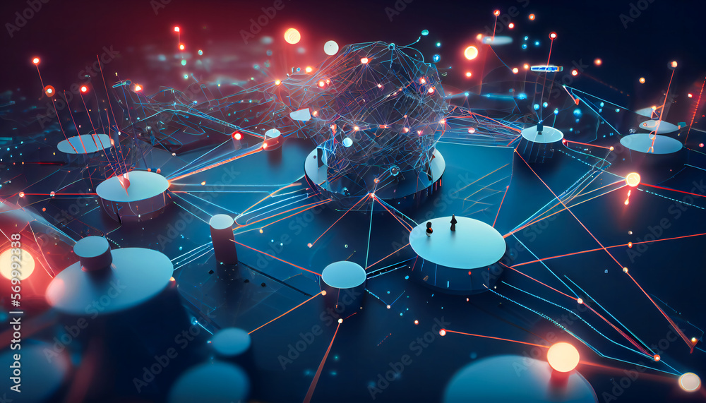 A graphical representation of a connected IoT network, with various nodes, devices, and connections.  Generative AI.