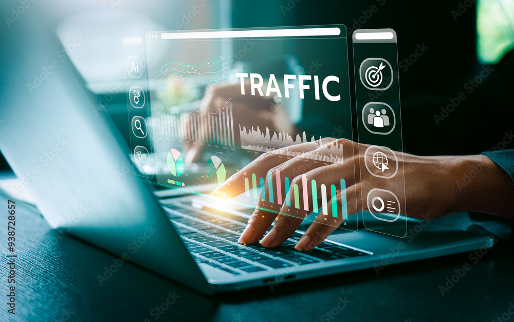 Advanced Digital Traffic Analysis, Business Professional Utilizing Cutting-Edge Technology and AI to Enhance Website Performance and User Engagement Through Detailed Data Insights, Strategic Planning