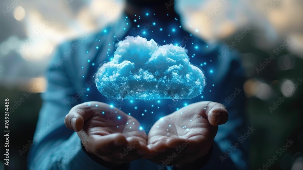 Cloud-like formation hovering over the hands of a person,symbolizing the provision of cloud-based services and technology consultation to a business client The scene suggests