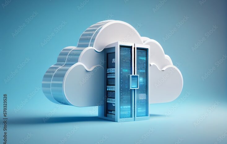 Cloud storage technology and online data storage, cloud computing, hosting white cloud with blue background. 3d render illustration. Generative AI