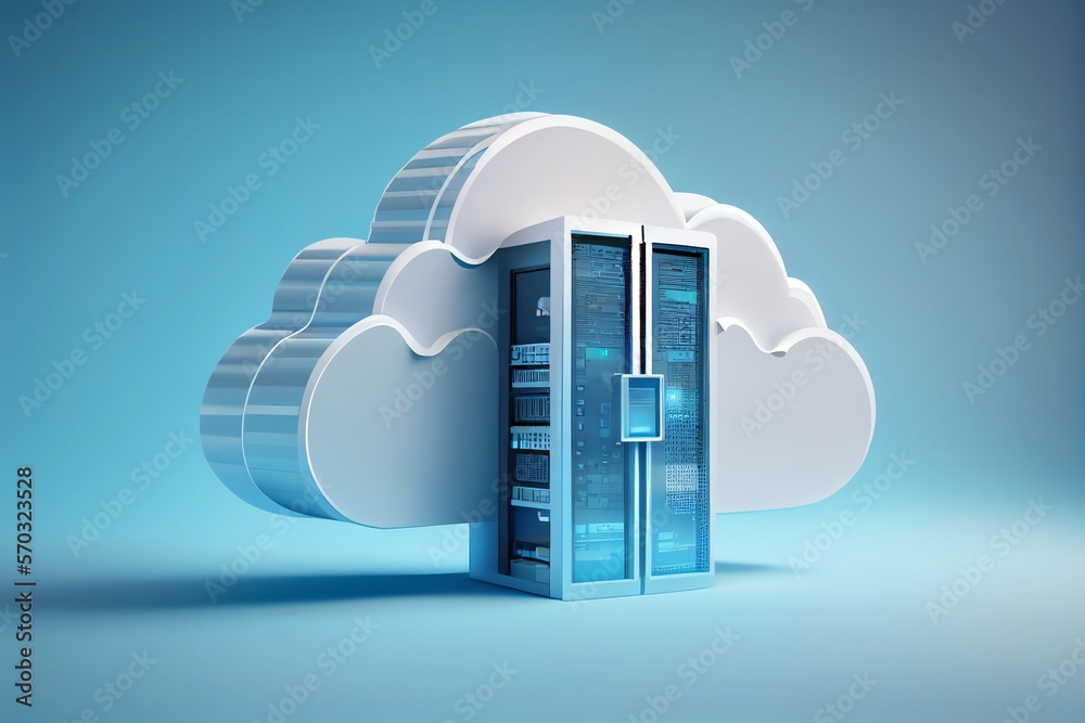 Cloud storage technology and online data storage, cloud computing, hosting white cloud with blue background. 3d render illustration. Generative AI