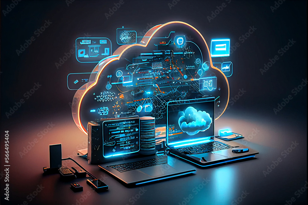 Cloud technology, computing. Devices connected to digital storage in the data center via the Internet, IOT, Smart Home Communication laptop, tablet, phone home devices with an online. Generative AI