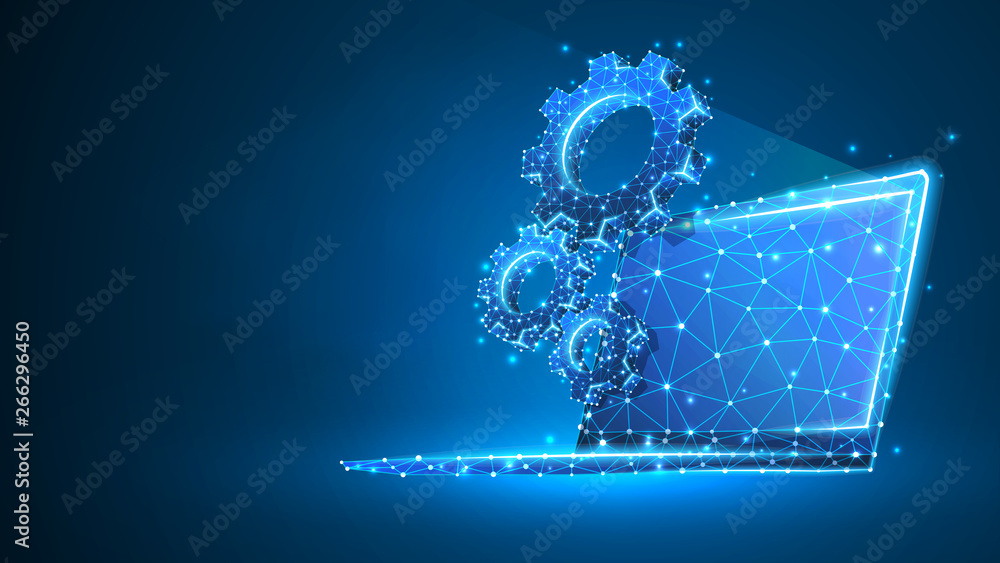 Gears on white laptop screen. Industry, business solution, technology, settings concept. Abstract, digital, wireframe, low poly mesh, raster blue neon 3d illustration. Triangle, line, dot, star