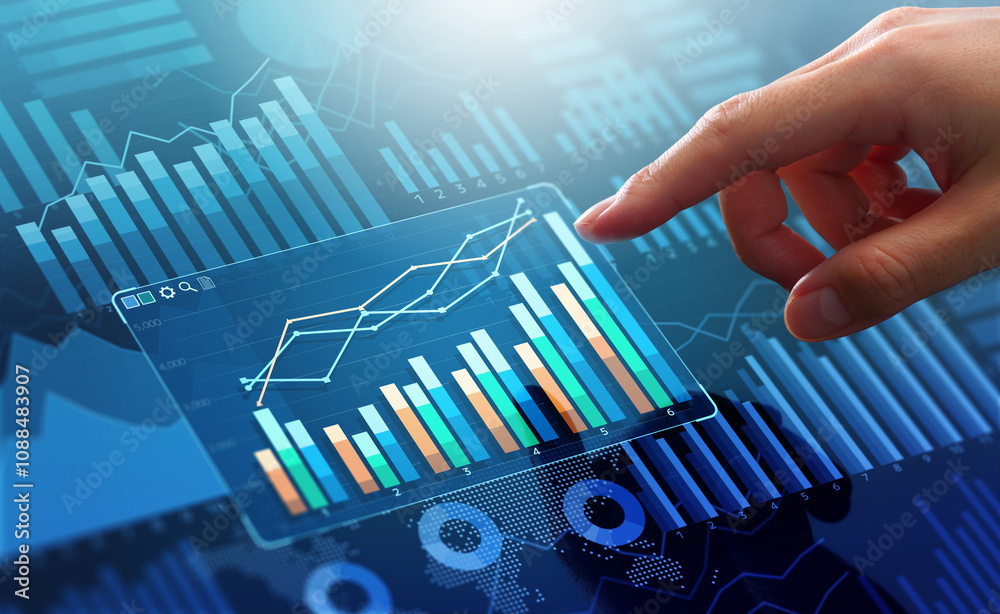 Graphs and reports about business data analysis. Technology for marketing and finance management strategy. Manager touching growth graph on analytics dashboard.