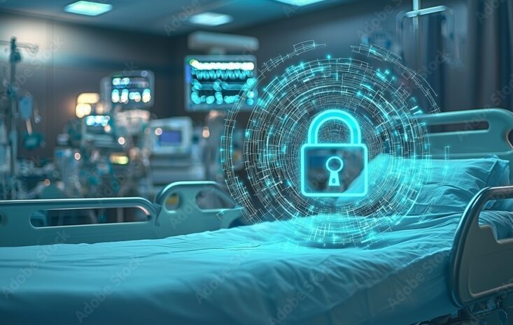 Hospital bed with digital lock symbolizing cybersecurity in healthcare.