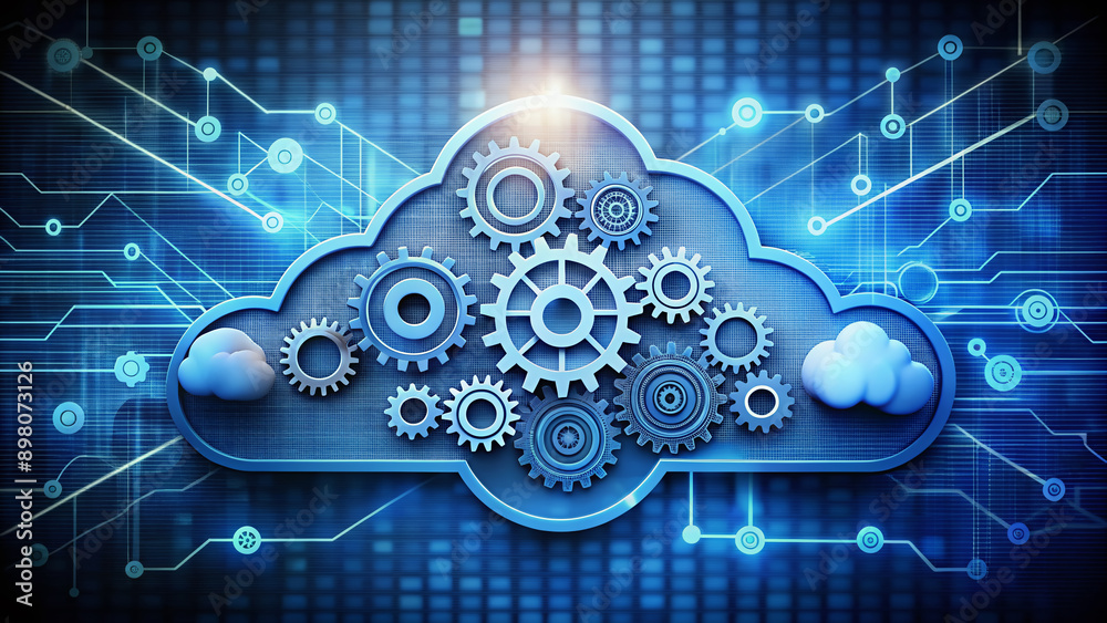 Stylized cloud computing icon with gears and arrows surrounding it, symbolizing innovative and efficient solutions for modern business and technology industries.